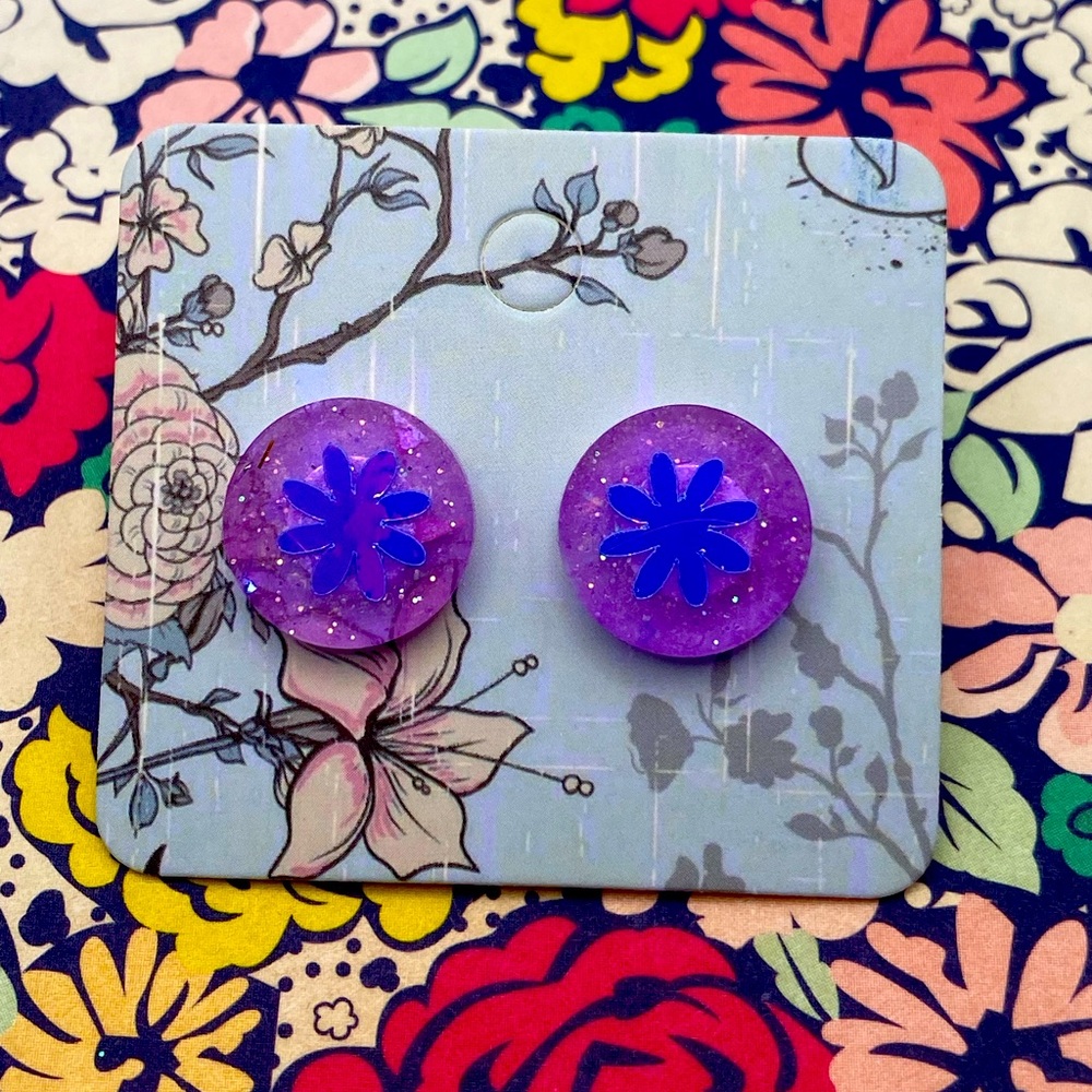 3 for $12 - Handmade Holo Flower Purple Glitter Sterling Silver Earrings